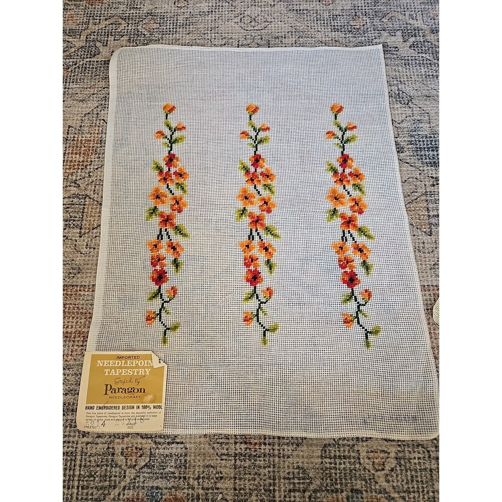 Vintage Paragon Needlepoint Canvas Preworked Floral Tapestry 5214 24x18 Wool